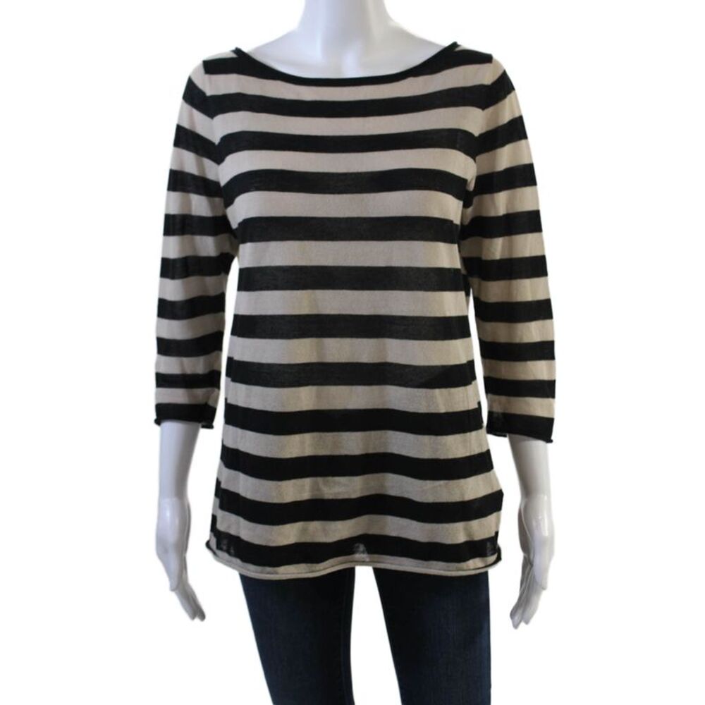 Tory Burch Womens Cotton Boat Neck Long Sleeve Striped Top Black Size M